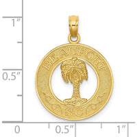 14K Yellow Gold Beaufort South Carolina Palm Tree Pendant with Textured Round Frame by Oro Pregiato
