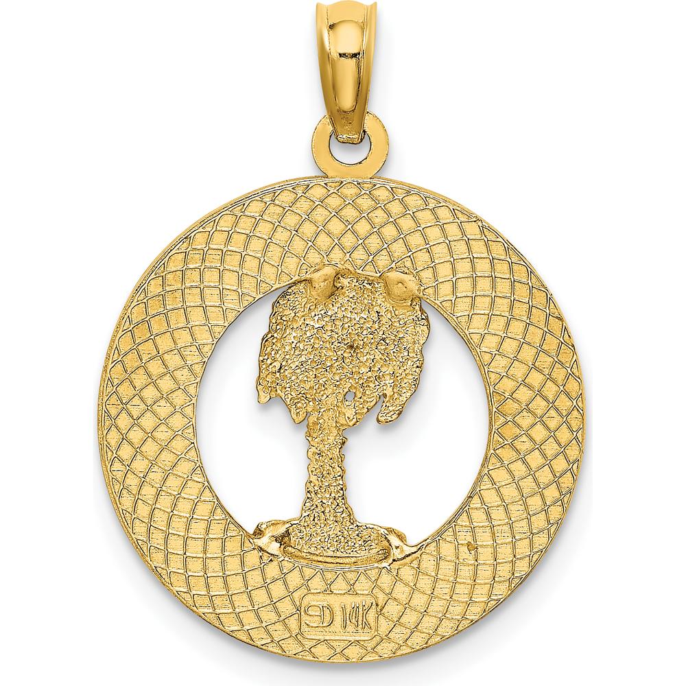 14K Yellow Gold Beaufort South Carolina Palm Tree Pendant with Textured Round Frame by Oro Pregiato