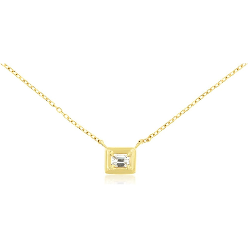 14K Yellow Gold Bezel Set Baguette Cut Diamond Solitaire Pendant Necklace - 0.11 Carat Total Diamond Weight - Royal Jewelry