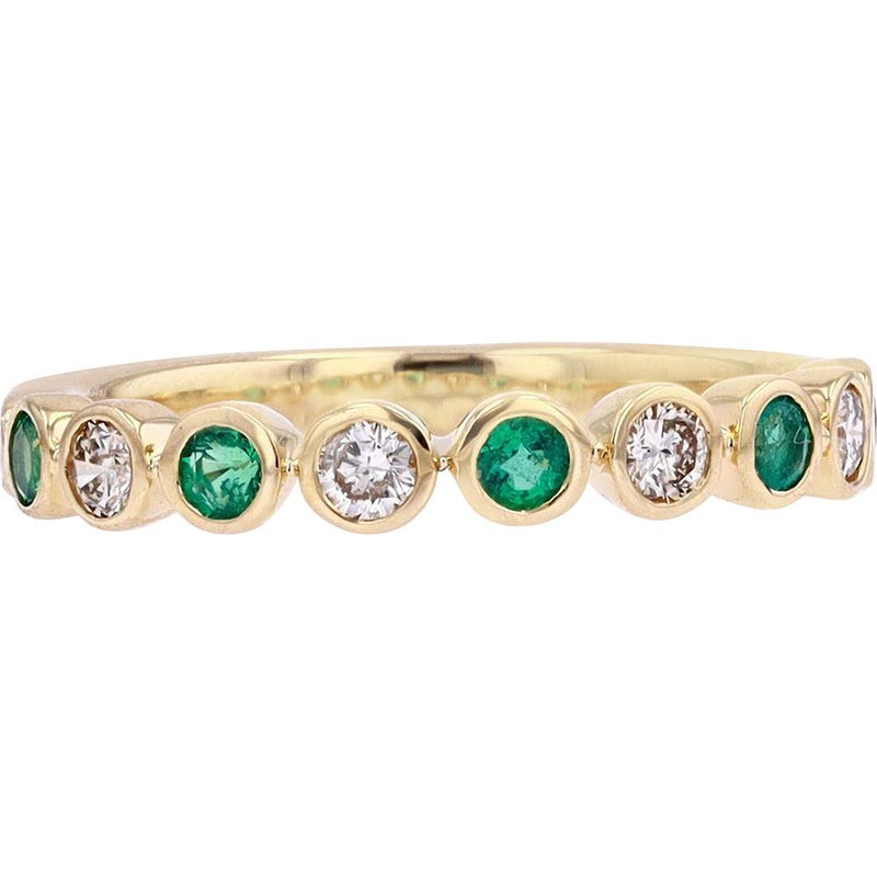 14K Yellow Gold Bezel-Set Band with Round Emeralds and Diamonds - 0.22 Carats Total Diamond Weight