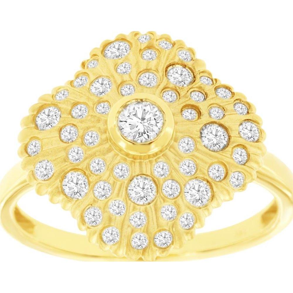 14K Yellow Gold Bezel Set Diamond Statement Ring with Sunburst Halo and Milgrain Detail - 0.60 Carat Center Stone - Royal Jewelry