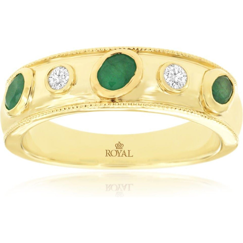 14K Yellow Gold Bezel Set Emerald Band with Diamond Accents and Milgrain Edge - 0.40 Carat Emerald Center Weight and 0.10 Carat Total Diamond Weight - Royal Jewelry