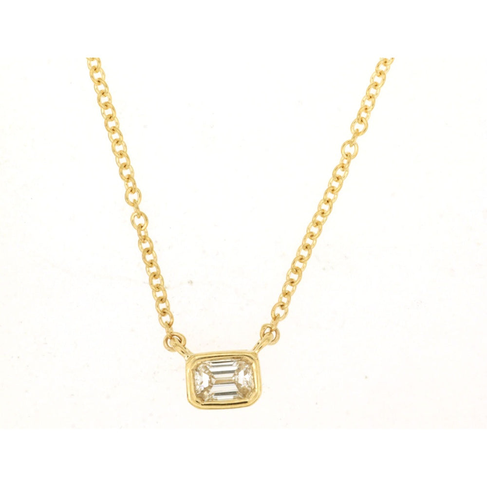 14K Yellow Gold Bezel-Set Emerald Cut Diamond Solitaire Pendant Necklace - 0.12 Carat Total Diamond Weight - Royal Jewelry
