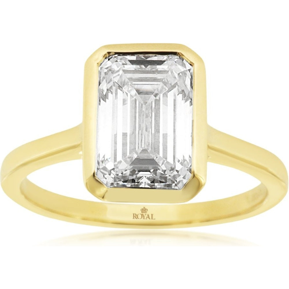 14K Yellow Gold Bezel Set Emerald Cut Lab Grown Diamond Engagement Ring - 3.00 Carat Total Diamond Weight - Royal Jewelry
