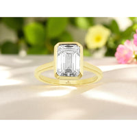 14K Yellow Gold Bezel Set Emerald Cut Lab Grown Diamond Engagement Ring - 3.00 Carat Total Diamond Weight - Royal Jewelry