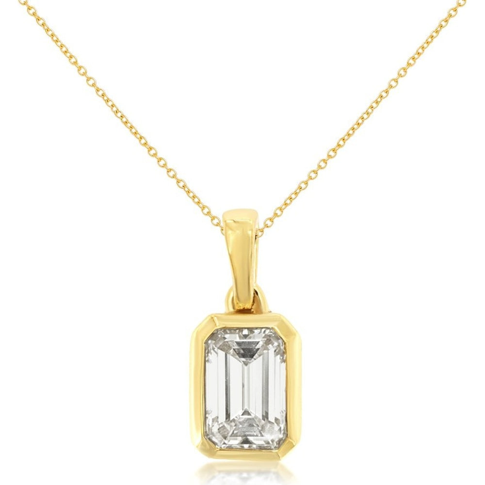14K Yellow Gold Bezel-Set Emerald Cut Lab Grown Diamond Pendant with Cable Chain - 1.10 Carat Total Diamond Weight - Royal Jewelry
