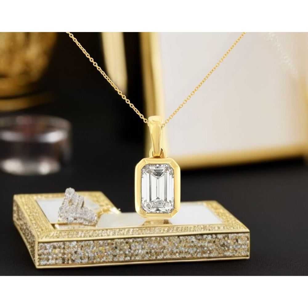 14K Yellow Gold Bezel-Set Emerald Cut Lab Grown Diamond Pendant with Cable Chain - 1.10 Carat Total Diamond Weight - Royal Jewelry