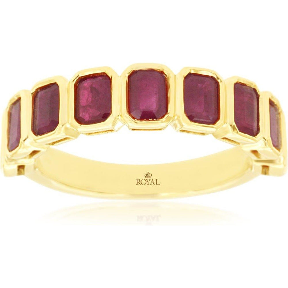 14K Yellow Gold Bezel-Set Emerald-Cut Ruby Band Ring - 2.50 Carat Total Ruby Weight - Royal Jewelry