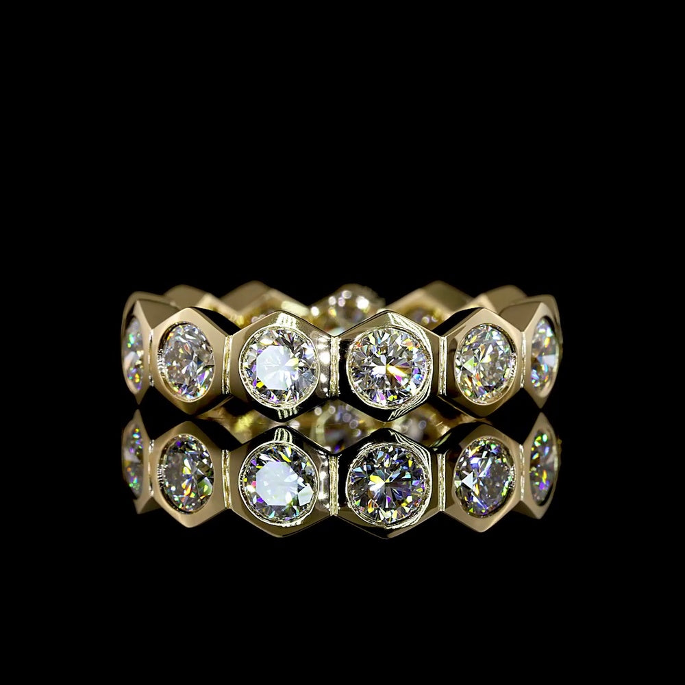 14K Yellow Gold Bezel Set Geometric Eternity Band with 13 Round Lab Grown Diamonds - 2.92 Total Carat Weight E-F VS - Covaloro Fine Jewelry