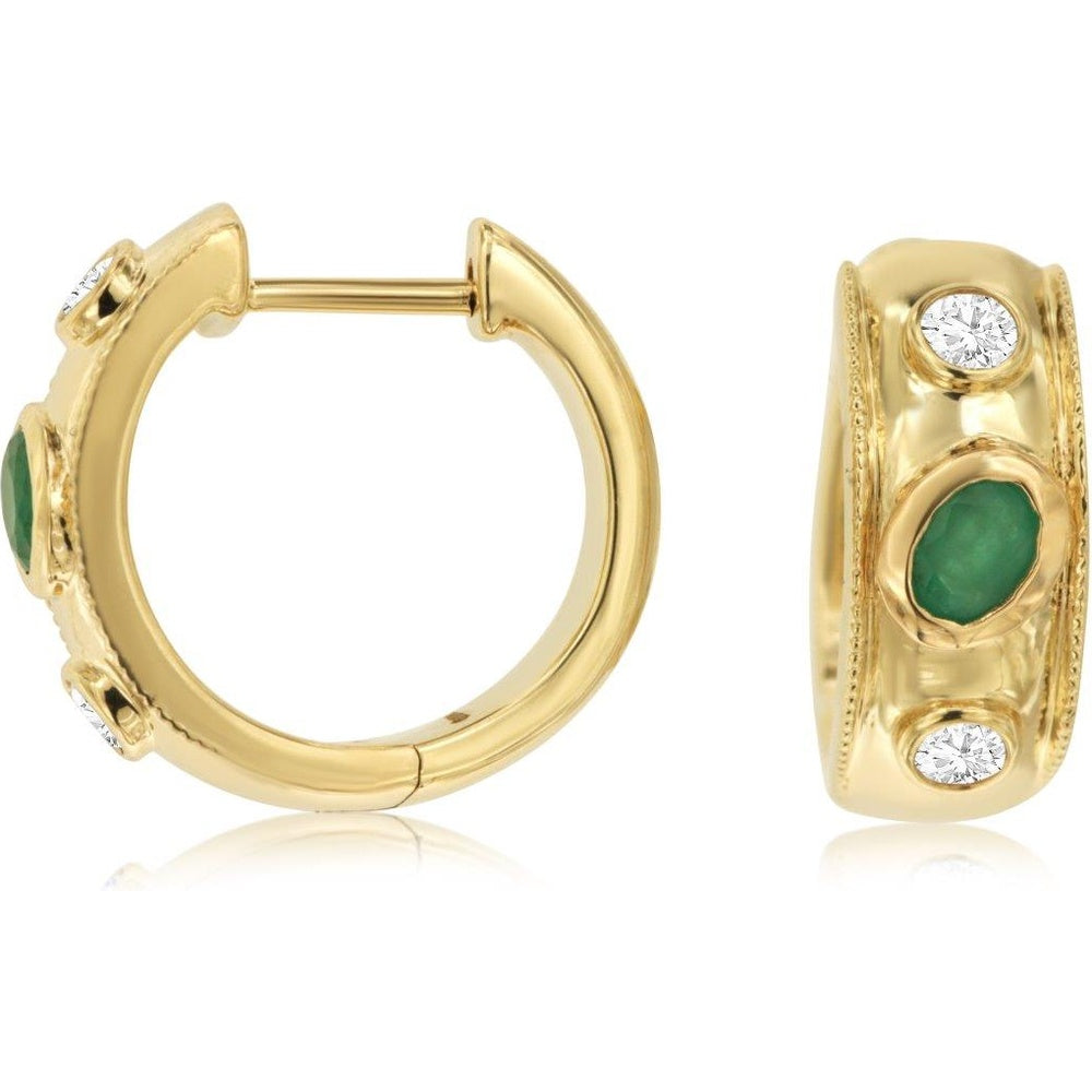 14K Yellow Gold Bezel-Set Huggie Earrings with Round Diamonds and Emerald Accents - 0.18 Carat Total Diamond Weight and 0.33 Carat Total Emerald Weight - Royal Jewelry