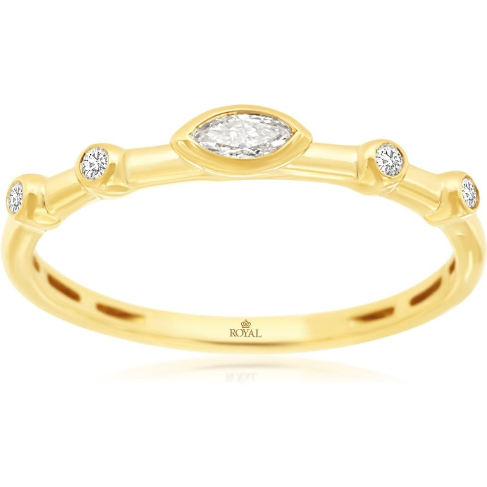 14K Yellow Gold Bezel-Set Marquise Diamond Band with Alternating Round Diamond Accents - 0.14 Carat Total Diamond Weight - Royal Jewelry