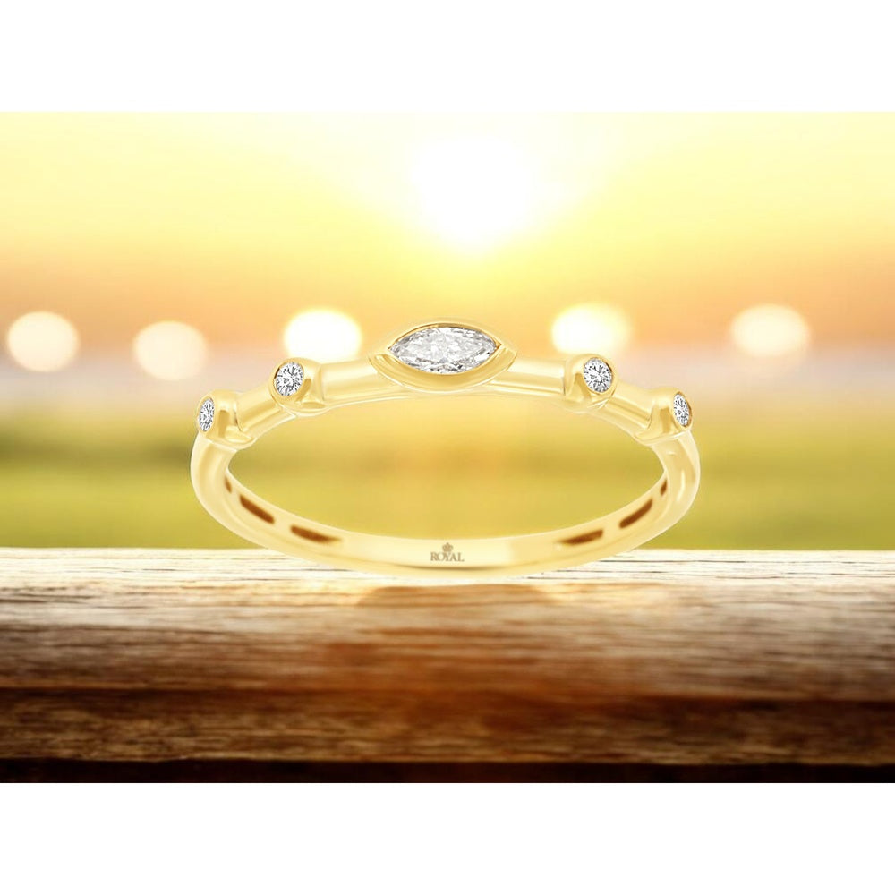 14K Yellow Gold Bezel-Set Marquise Diamond Band with Alternating Round Diamond Accents - 0.14 Carat Total Diamond Weight - Royal Jewelry