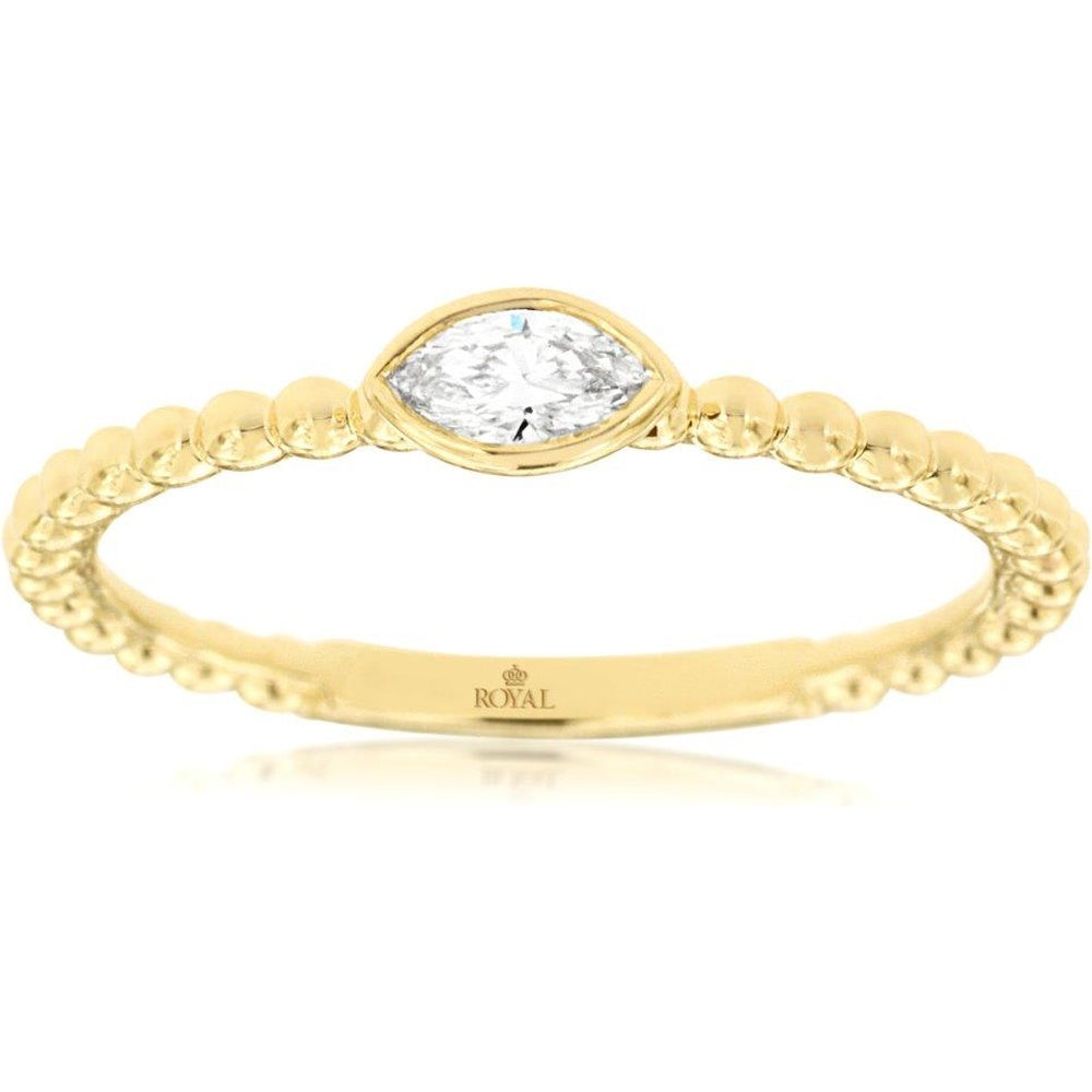 14K Yellow Gold Bezel-Set Marquise Diamond Ring with Textured Beaded Band - 0.14 Carat Total Diamond Weight - Royal Jewelry