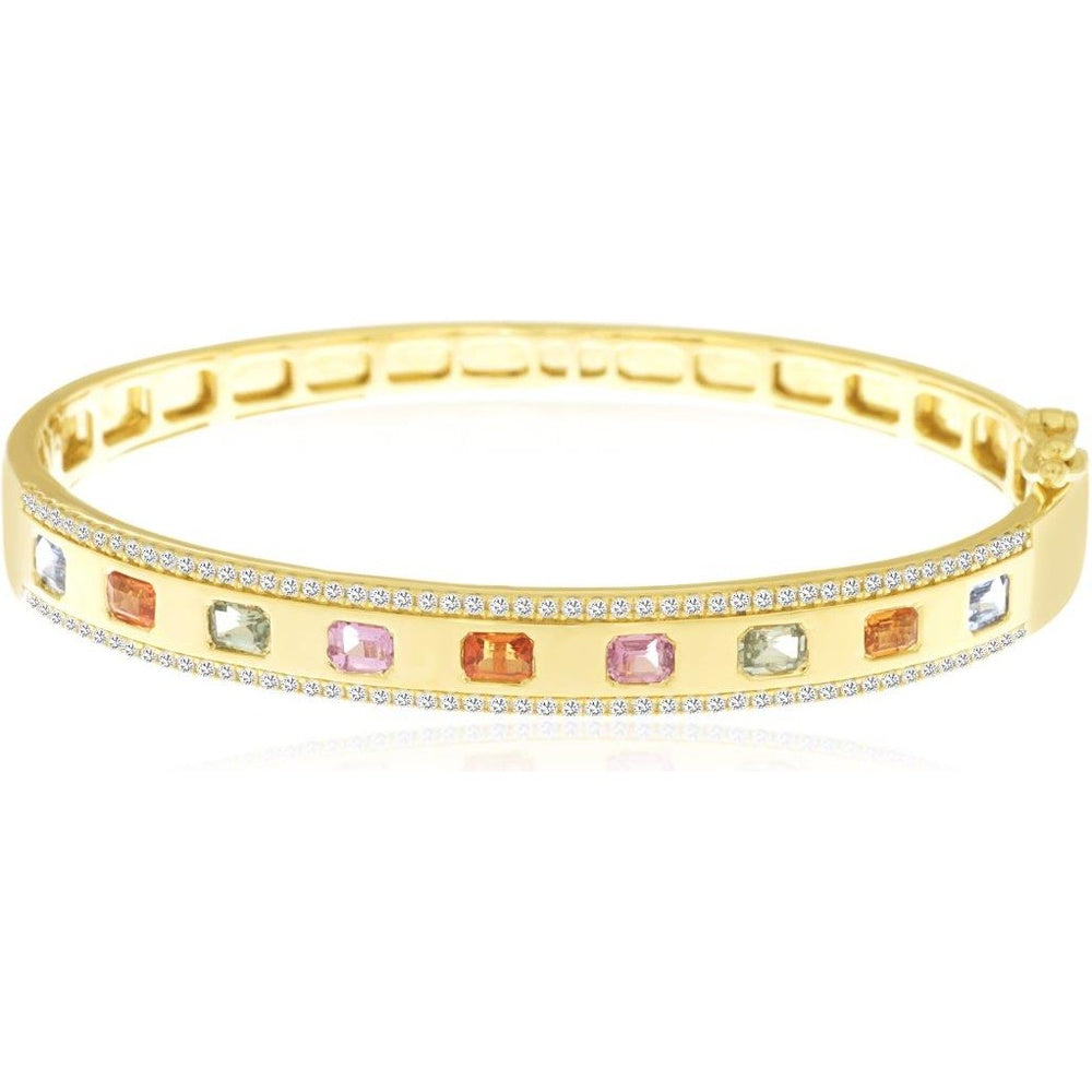 14K Yellow Gold Bezel-Set Mixed Color Sapphire and Pavé Diamond Bangle - 2.30 Carat Total Sapphire Weight and 0.65 Carat Total Diamond Weight - Royal Jewelry