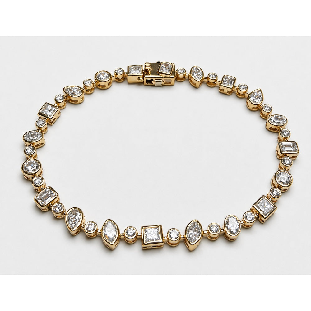 14K Yellow Gold Bezel-Set Mixed-Shape Diamond Tennis Bracelet with Round, Pear, Marquise, Oval, Emerald-Cut and Square Diamonds - 5.56 Carat Total Diamond Weight by Auriventus
