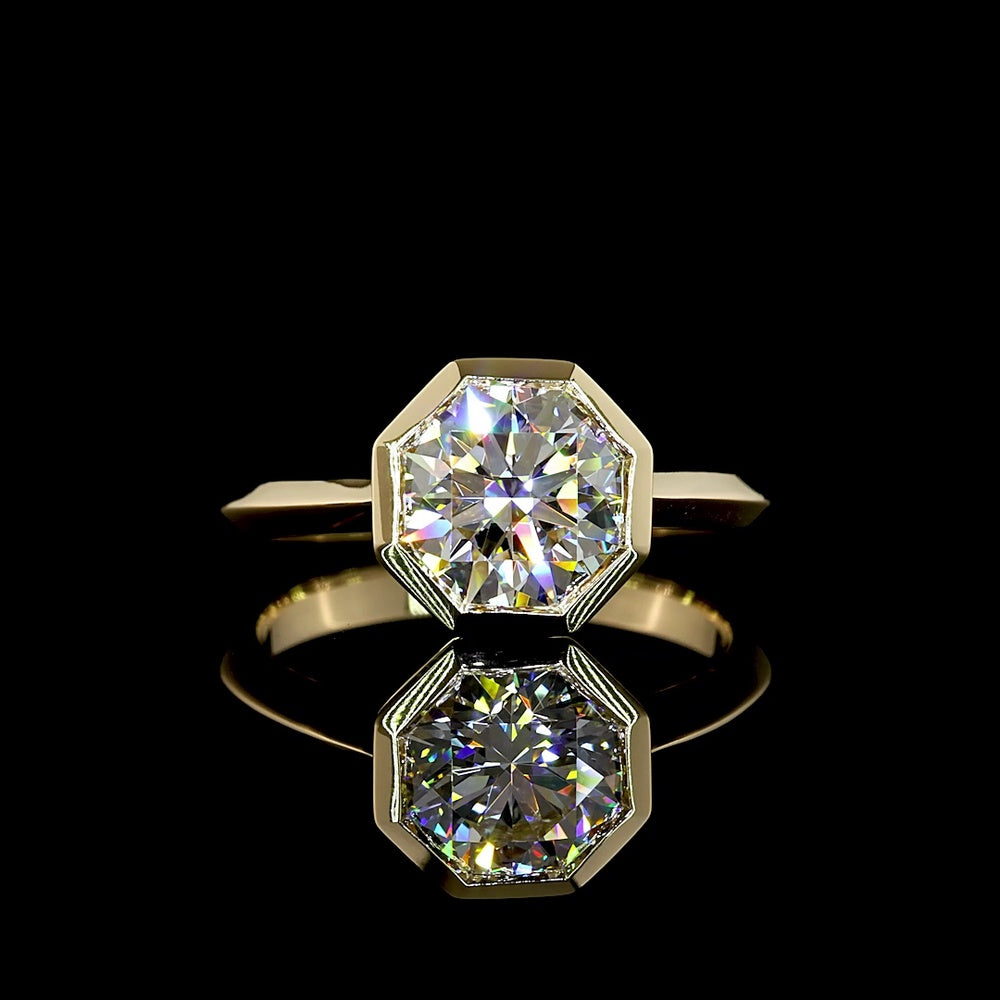 14K Yellow Gold Bezel Set Octagon Cut Lab Diamond Solitaire Ring - 2.05 Carats E-F VS1 - Covaloro Fine Jewelry