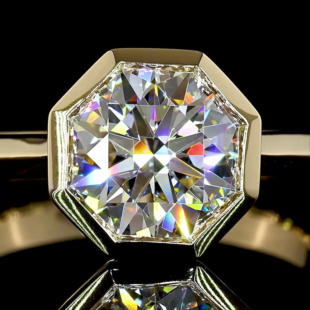14K Yellow Gold Bezel Set Octagon Cut Lab Diamond Solitaire Ring - 2.05 Carats E-F VS1 - Covaloro Fine Jewelry