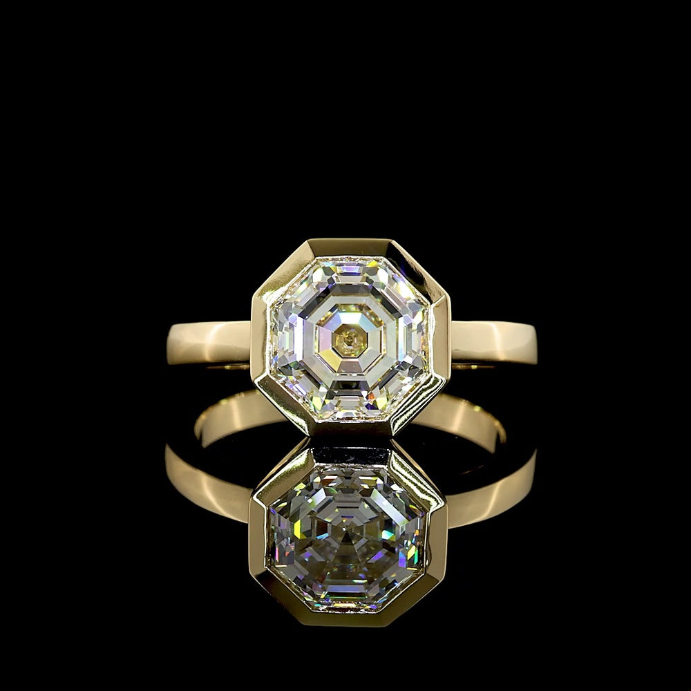 14K Yellow Gold Bezel Set Octagon Cut Lab Diamond Solitaire Ring - 3.33 Carat E-F VVS2 IGI Certified - Covaloro Fine Jewelry