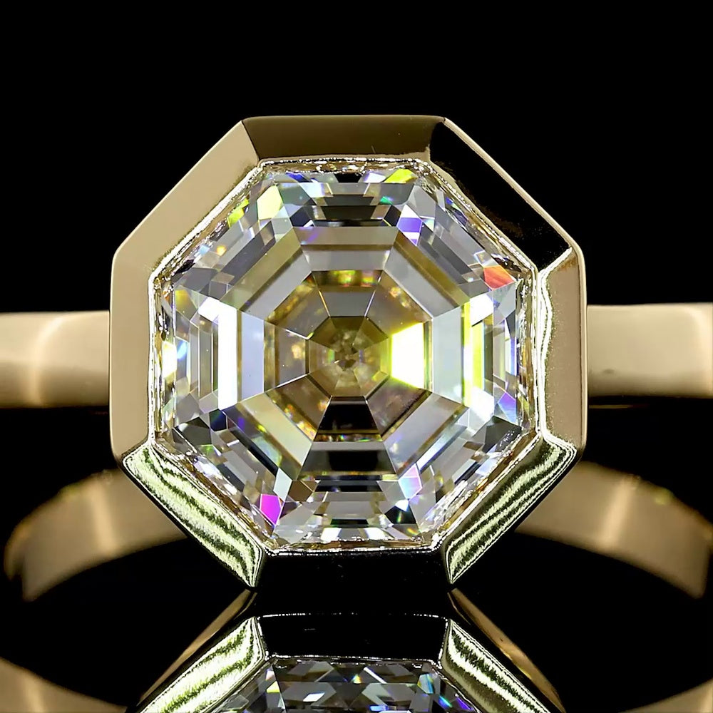 14K Yellow Gold Bezel Set Octagon Cut Lab Diamond Solitaire Ring - 3.33 Carat E-F VVS2 IGI Certified - Covaloro Fine Jewelry