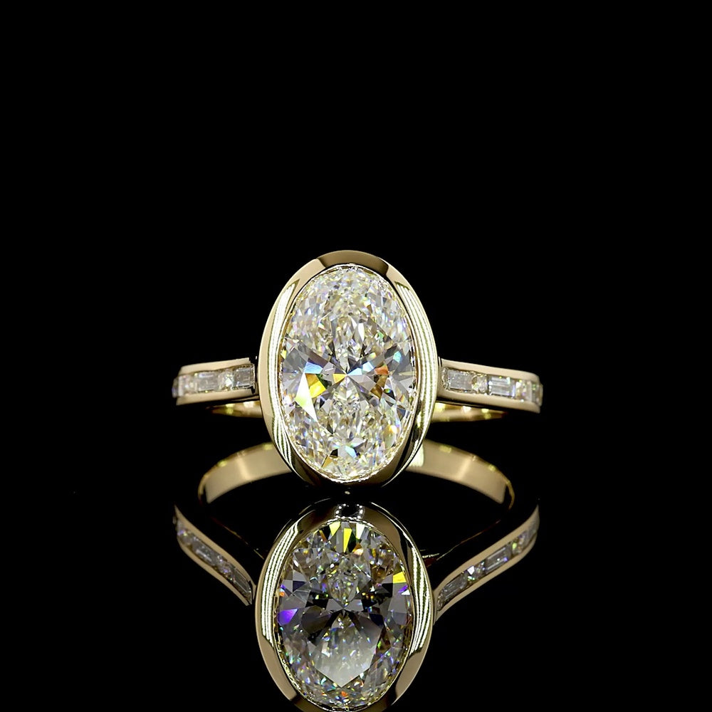 14K Yellow Gold Bezel Set Oval Cut Lab Diamond Solitaire Ring with Baguette and Round Diamond Shank - 3.43 Carat Total Diamond Weight - Covaloro Fine Jewelry