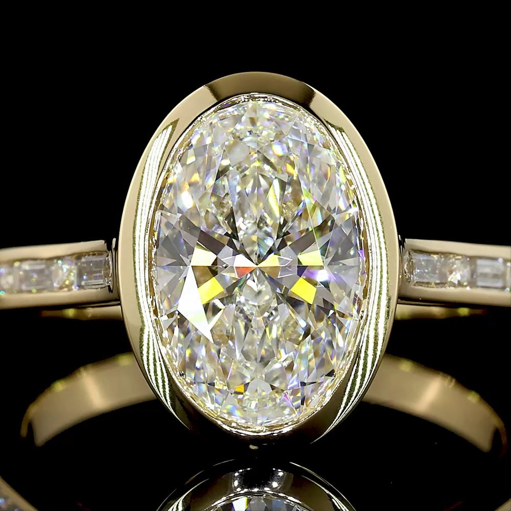 14K Yellow Gold Bezel Set Oval Cut Lab Diamond Solitaire Ring with Baguette and Round Diamond Shank - 3.43 Carat Total Diamond Weight - Covaloro Fine Jewelry