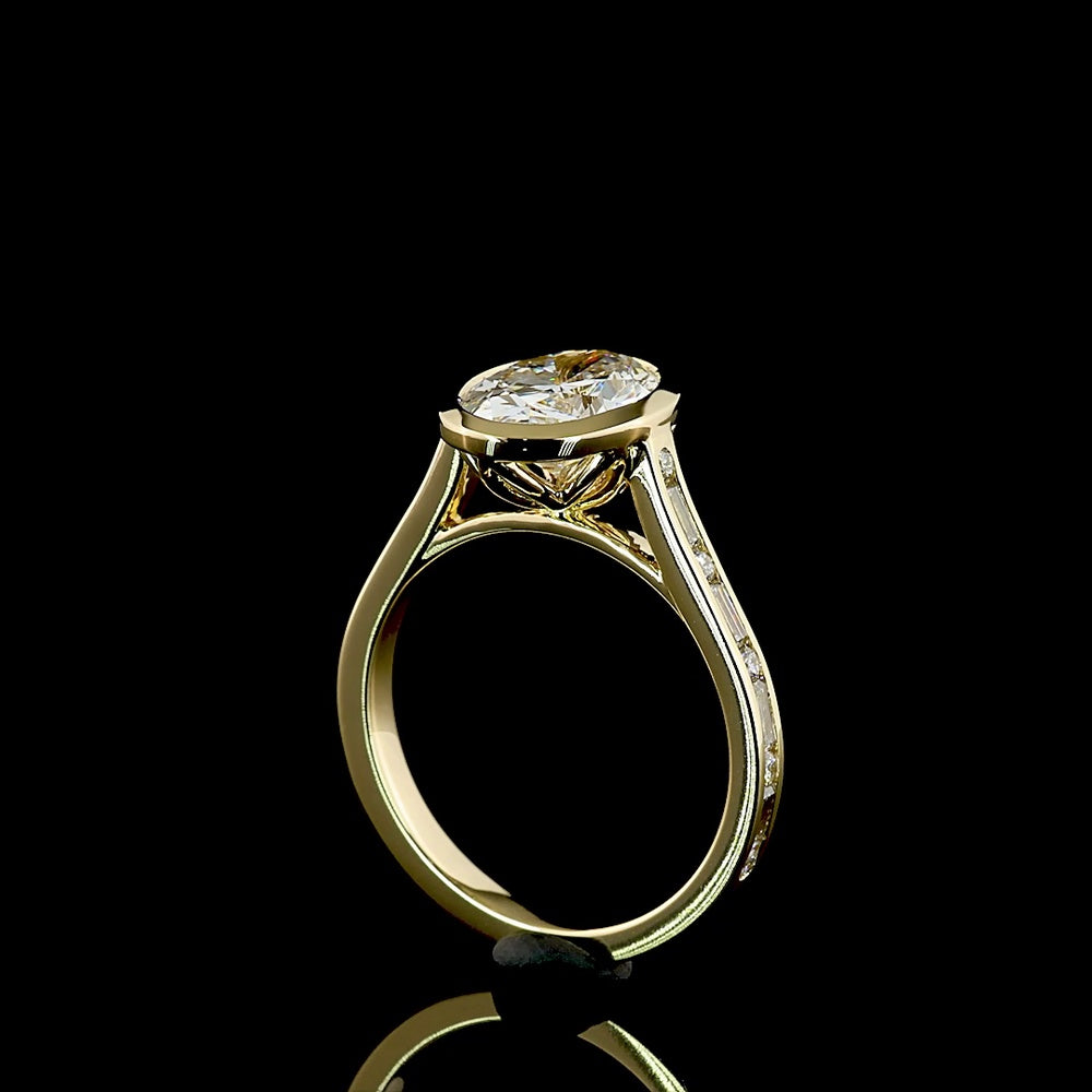 14K Yellow Gold Bezel Set Oval Cut Lab Diamond Solitaire Ring with Baguette and Round Diamond Shank - 3.43 Carat Total Diamond Weight - Covaloro Fine Jewelry