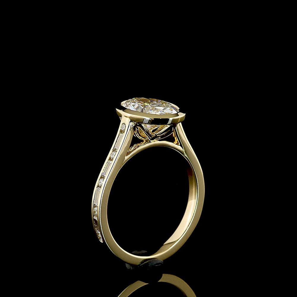14K Yellow Gold Bezel Set Oval Cut Lab Diamond Solitaire Ring with Baguette and Round Diamond Shank - 3.43 Carat Total Diamond Weight - Covaloro Fine Jewelry