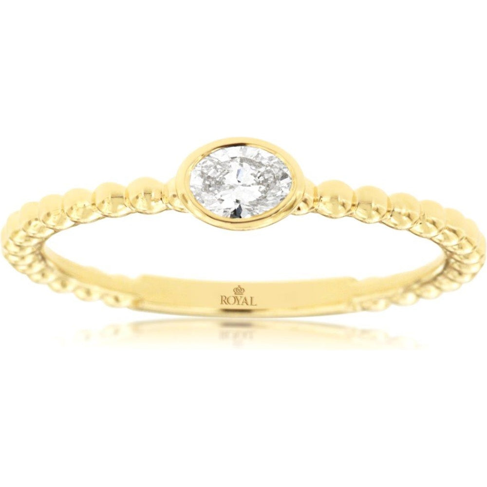 14K Yellow Gold Bezel-Set Oval Diamond Beaded Shank Engagement Ring - 0.20 Carat Total Diamond Weight - Royal Jewelry