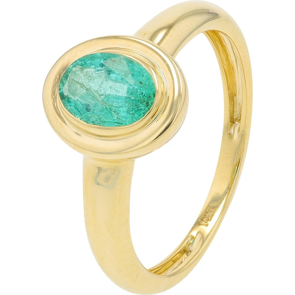 14K Yellow Gold Bezel-Set Oval Emerald Ring - 0.75 Carat Total Gem Weight