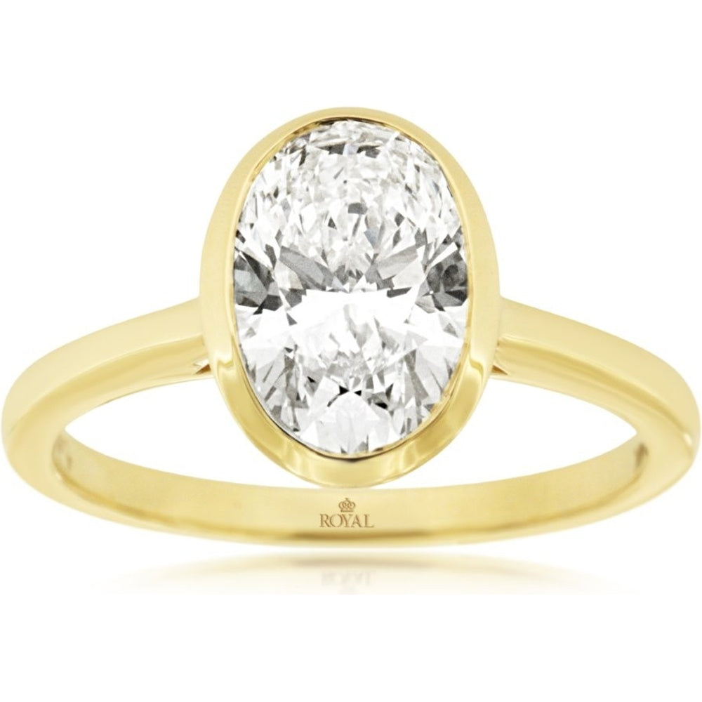 14K Yellow Gold Bezel Set Oval Lab Grown Diamond Engagement Ring - 2.00 Carat Diamond Weight - Royal Jewelry
