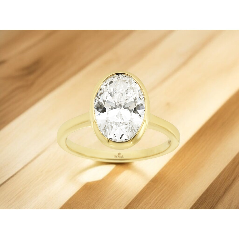 14K Yellow Gold Bezel Set Oval Lab Grown Diamond Engagement Ring - 3.00 Carat Total Diamond Weight - Royal Jewelry