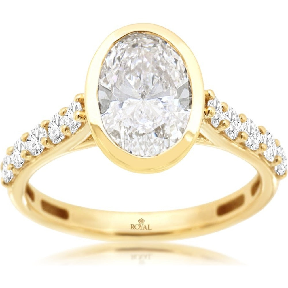 14K Yellow Gold Bezel-Set Oval Lab Grown Diamond Engagement Ring with Accented Band - 2.50 Carat Total Diamond Weight - Royal Jewelry