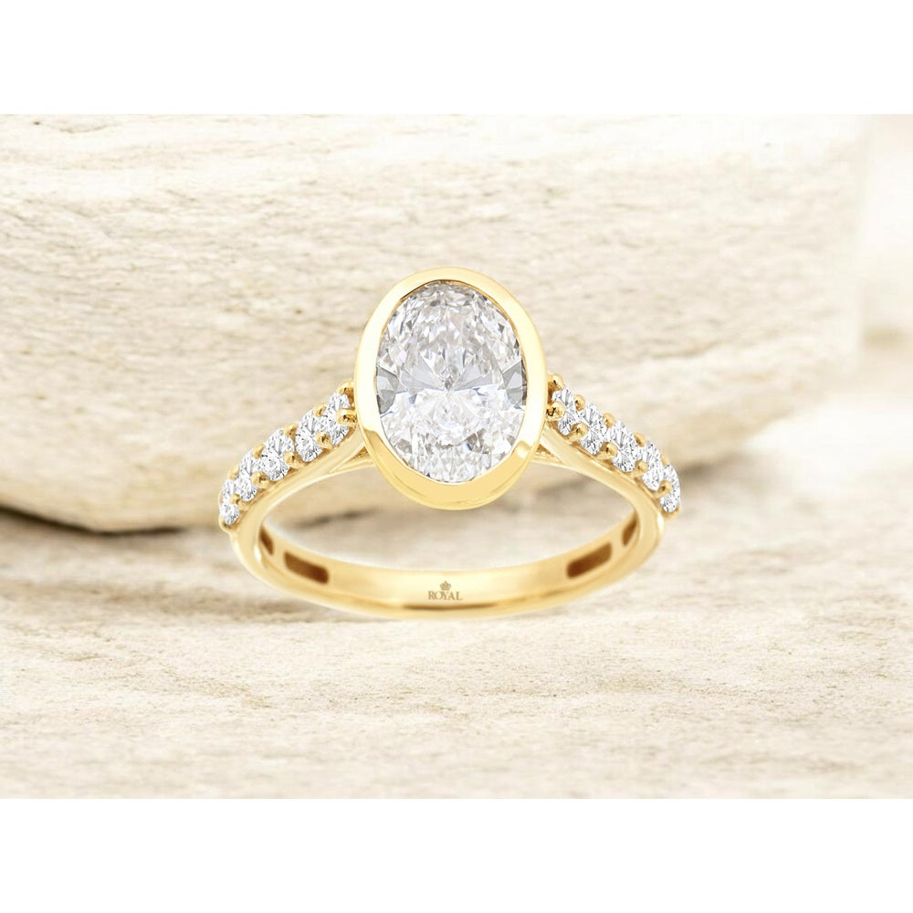 14K Yellow Gold Bezel-Set Oval Lab Grown Diamond Engagement Ring with Accented Band - 2.50 Carat Total Diamond Weight - Royal Jewelry