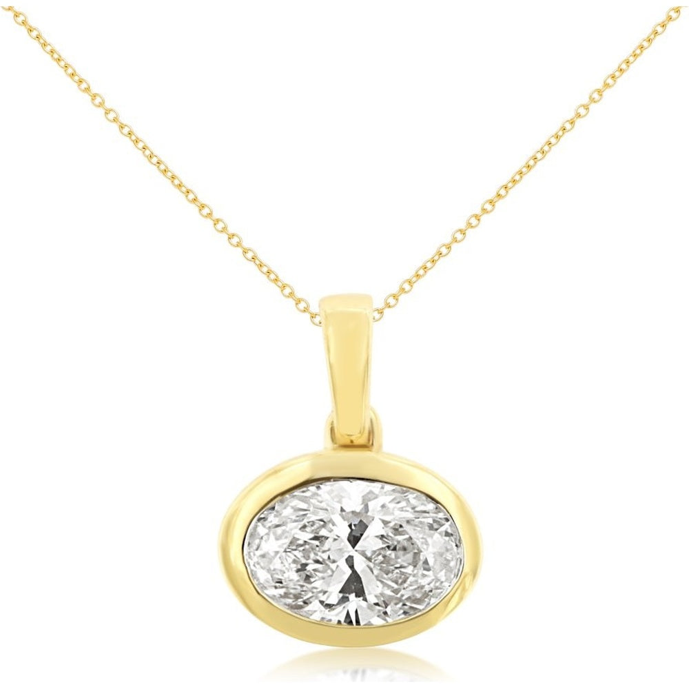 14K Yellow Gold Bezel Set Oval Lab Grown Diamond Pendant with Cable Link Chain - 1.12 Carat Total Diamond Weight - Royal Jewelry