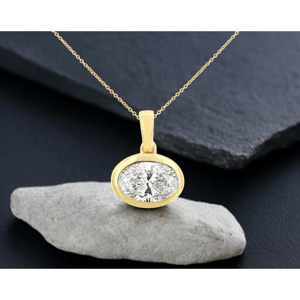 14K Yellow Gold Bezel Set Oval Lab Grown Diamond Pendant with Cable Link Chain - 1.12 Carat Total Diamond Weight - Royal Jewelry