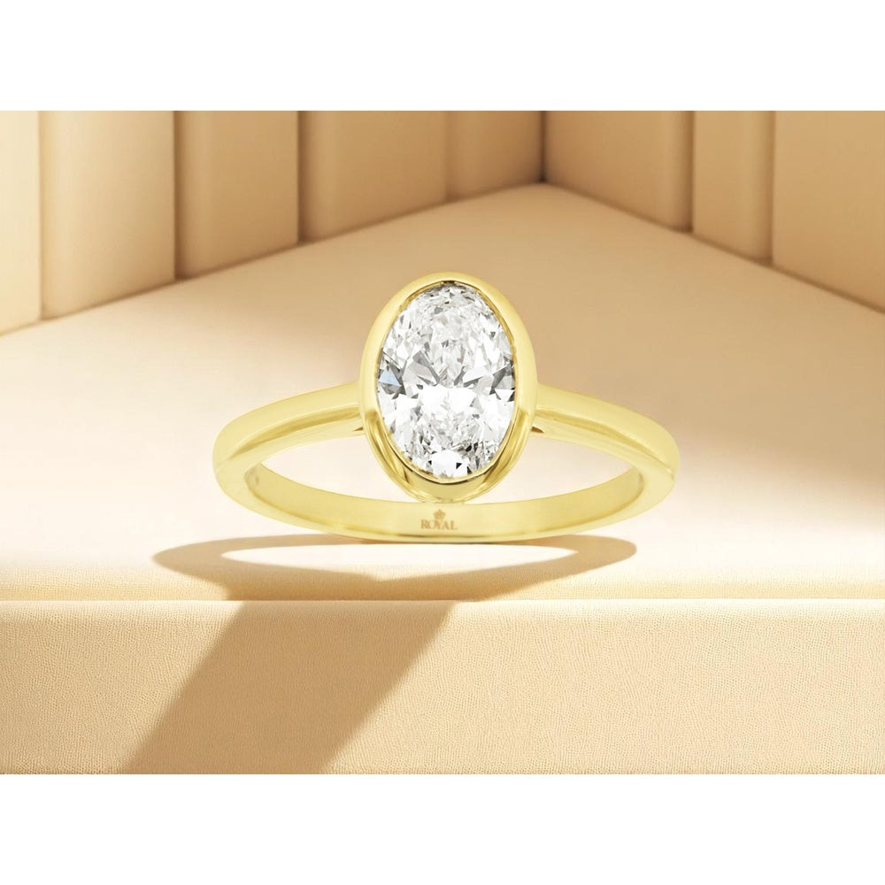 14K Yellow Gold Bezel Set Oval Lab Grown Diamond Solitaire Engagement Ring - 1.10 Carat Total Diamond Weight - Royal Jewelry