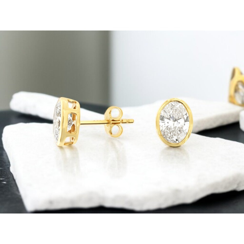 14K Yellow Gold Bezel-Set Oval Lab-Grown Diamond Stud Earrings - 2.00 Carat Total Diamond Weight - Royal Jewelry