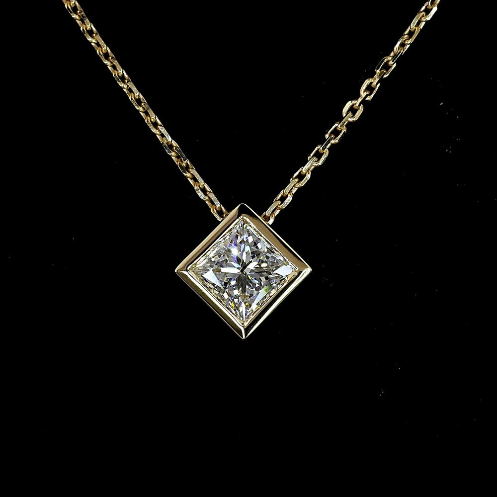 14K Yellow Gold Bezel Set Princess Cut Lab Diamond Solitaire Pendant - 0.51 Carat Total Weight E-F VS1 - Covaloro Fine Jewelry