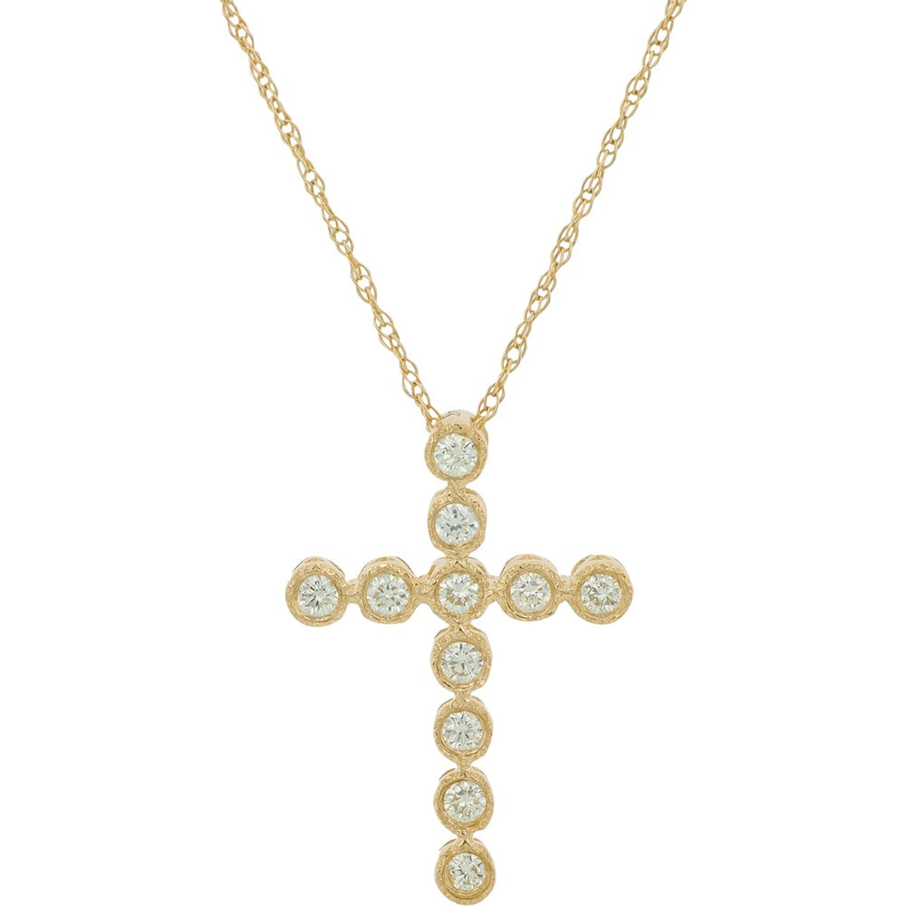 14K Yellow Gold Bezel-Set Round Diamond Cross Pendant - 0.25 Carat Total Diamond Weight