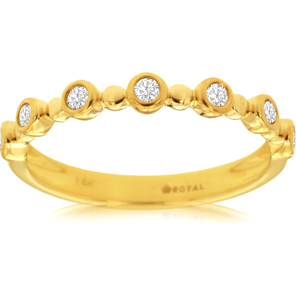 14K Yellow Gold Bezel-Set Round Diamond Wedding Band with Alternating Gold Spheres - 0.15 Carat Total Diamond Weight - Royal Jewelry