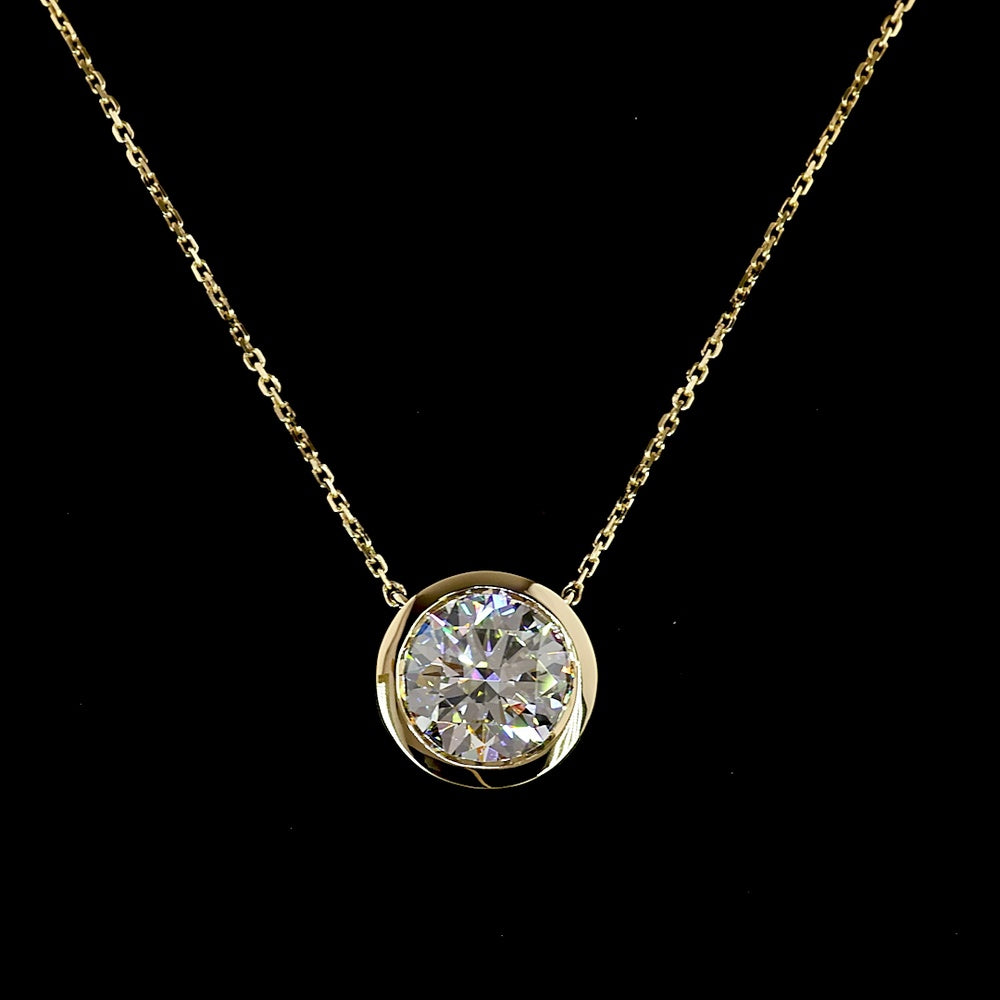 14K Yellow Gold Bezel Set Round Lab Diamond Solitaire Pendant - 3.02 Carat Total Diamond Weight, E-F Color, VS1 Clarity with IGI Certification - Covaloro Fine Jewelry