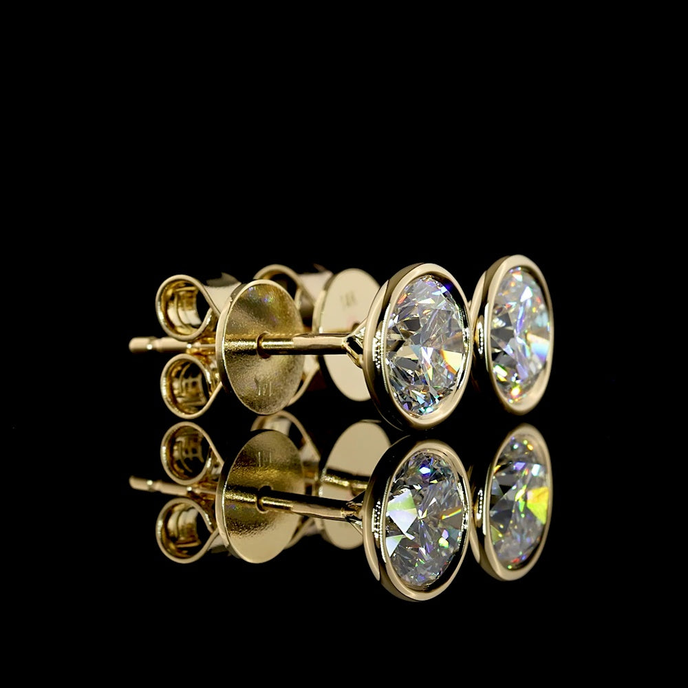 14K Yellow Gold Bezel Set Round Lab Diamond Stud Earrings - 1.55 Carat Total Weight, E-F Color VS2 Clarity - Covaloro Fine Jewelry