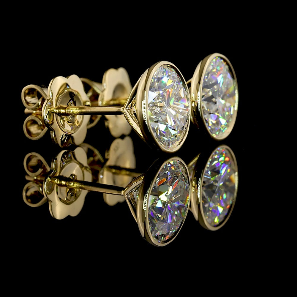 14K Yellow Gold Bezel Set Round Lab Diamond Stud Earrings - F Color VS Clarity - 3.07 Carat Total Diamond Weight - Covaloro Fine Jewelry