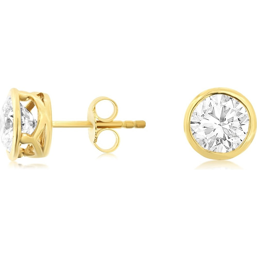 14K Yellow Gold Bezel-Set Round Lab Grown Diamond Stud Earrings - 2.00 Carat Total Diamond Weight - Royal Jewelry