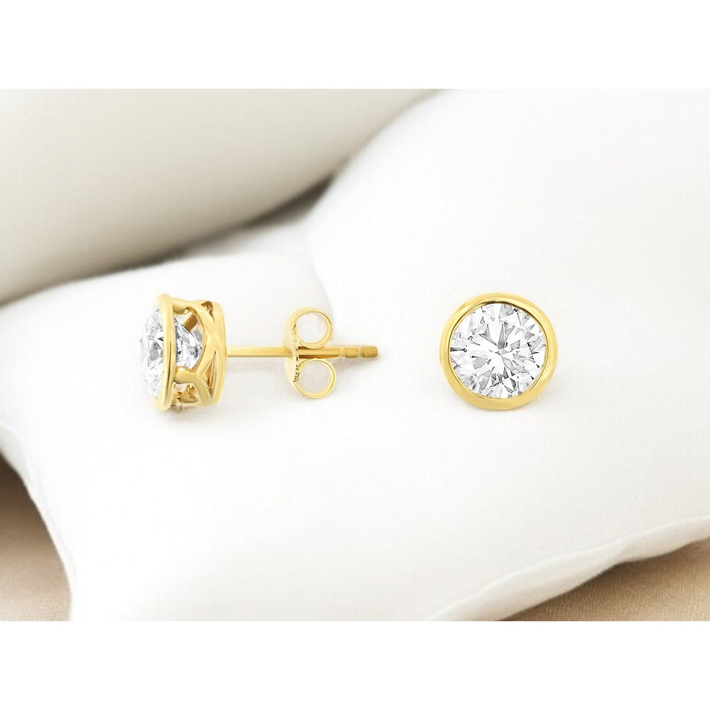 14K Yellow Gold Bezel-Set Round Lab Grown Diamond Stud Earrings - 2.00 Carat Total Diamond Weight - Royal Jewelry