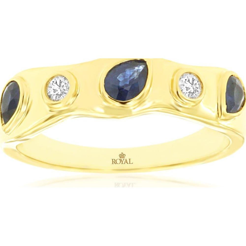 14K Yellow Gold Bezel Set Wave Ring with 0.53 Carat Pear Shaped Blue Sapphire and 0.10 Carat Round Brilliant Diamonds - Royal Jewelry