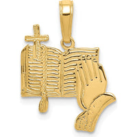 14K Yellow Gold Bible, Praying Hands, and Cross Pendant - 20mm Length by Oro Pregiato