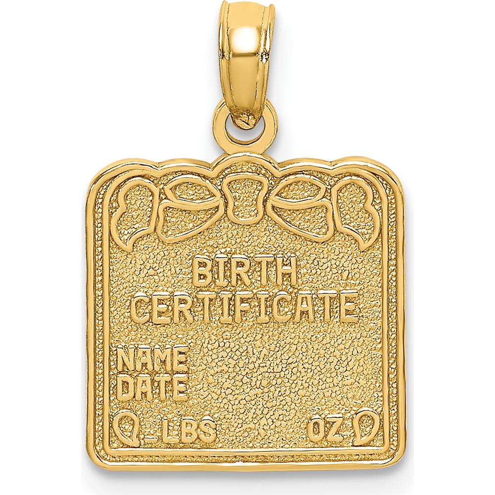 14K Yellow Gold Birth Certificate Charm with Textured Back Design by Oro Pregiato