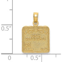 14K Yellow Gold Birth Certificate Charm with Textured Back Design by Oro Pregiato