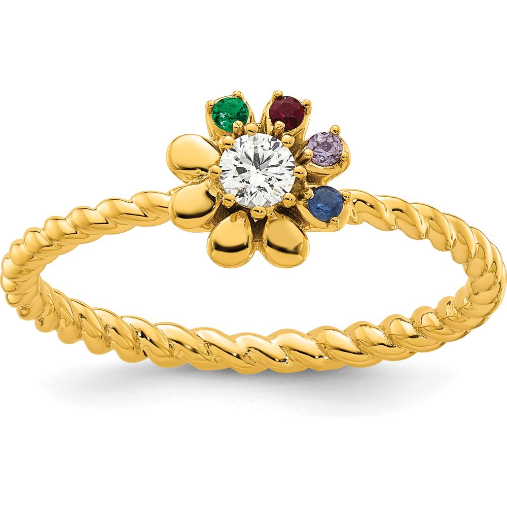 14K Yellow Gold Birthstone Flower Ring with Diamond Center and Colorful Gemstones - Personalized Mother's Ring by Oro Pregiato